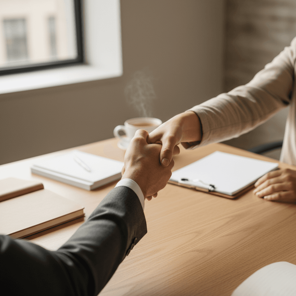 Professional business handshake across wooden conference table with natural light