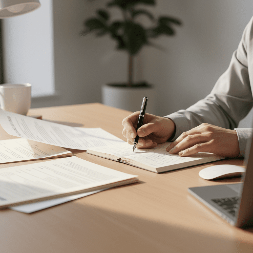 Professional reviewing business documents with attention to detail